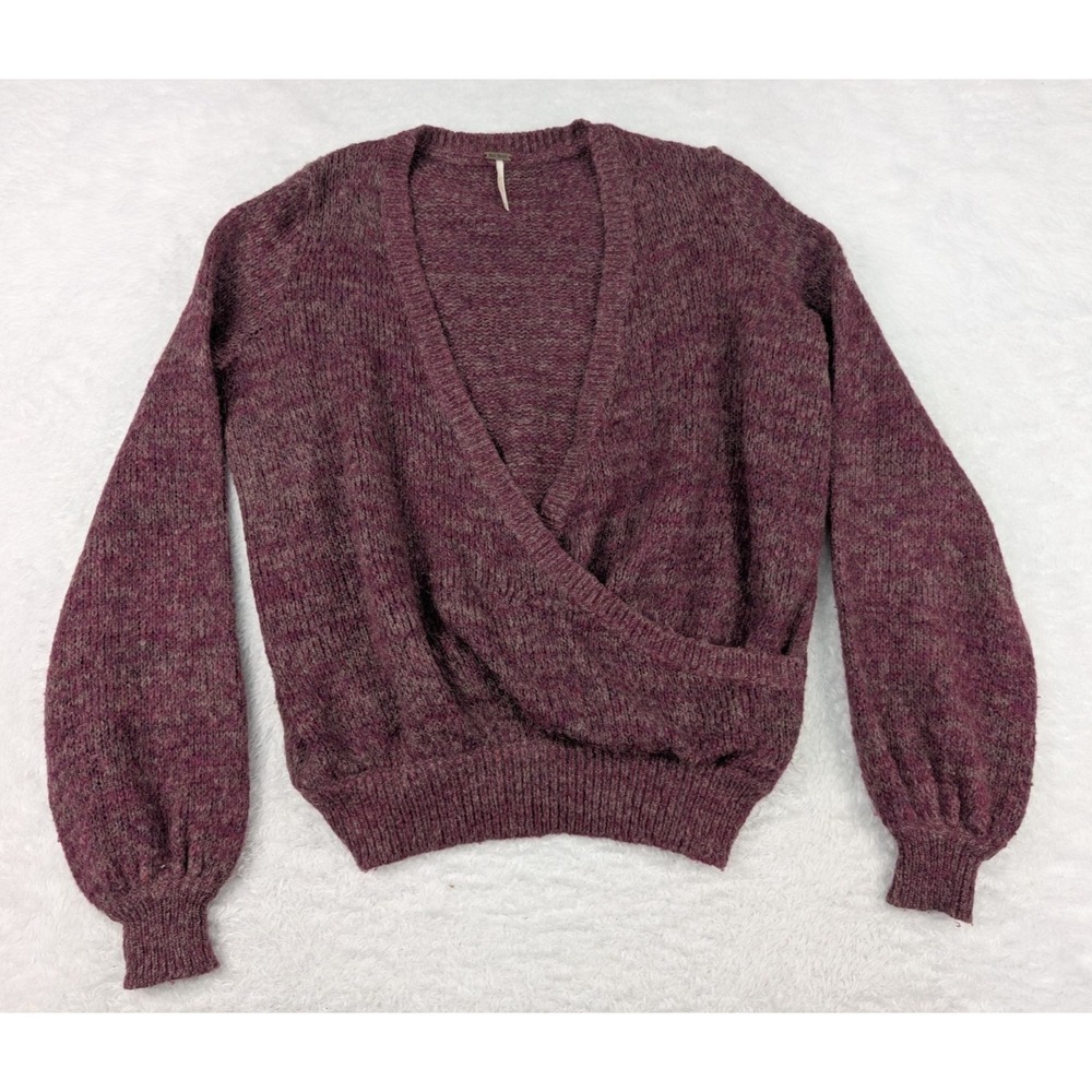 Free People Karina Wrap Sweater Womens Sz XS Burgundy Balloon Sleeves